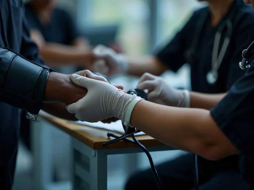 Medical assistant student taking patient blood pressure